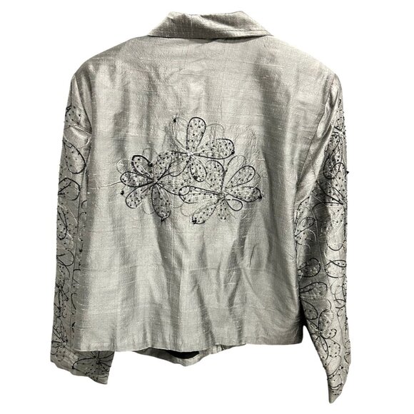 Anage Womens Silver Silk Embroidered Jacket Black Floral Design Sz Large - Picture 2 of 8